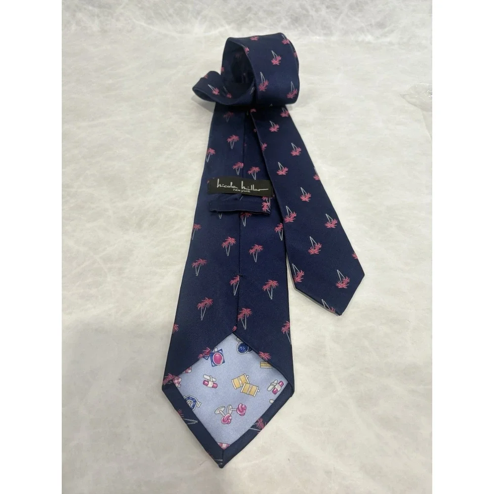 Nicole Miller New York Palm Tree Silk Tie Navy Blue Pink Novelty‎ Necktie Beach